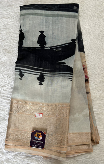 Mangalagiri Pattu Digital Print Saree Gray and Black colored Saree complemented with a Coral Colored Mangalagiri Border - Sampradaya Designer Studio