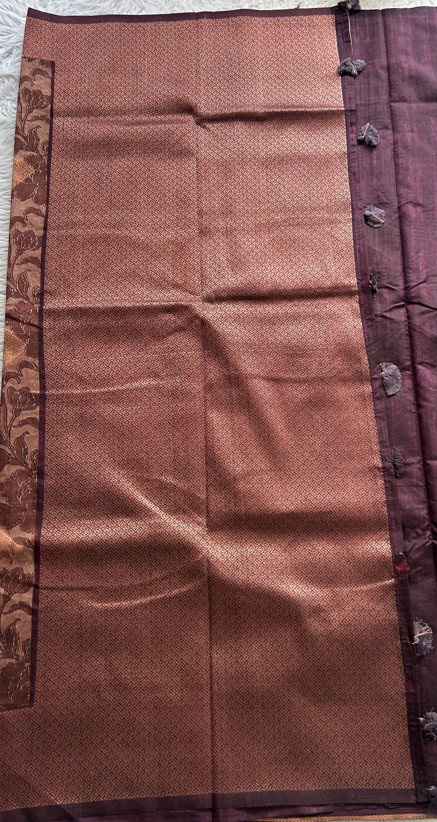 Maheshwari Chanderi Cotton Saree Chocolate Colored Complemented with a Zari Border. - Sampradaya Designer Studio