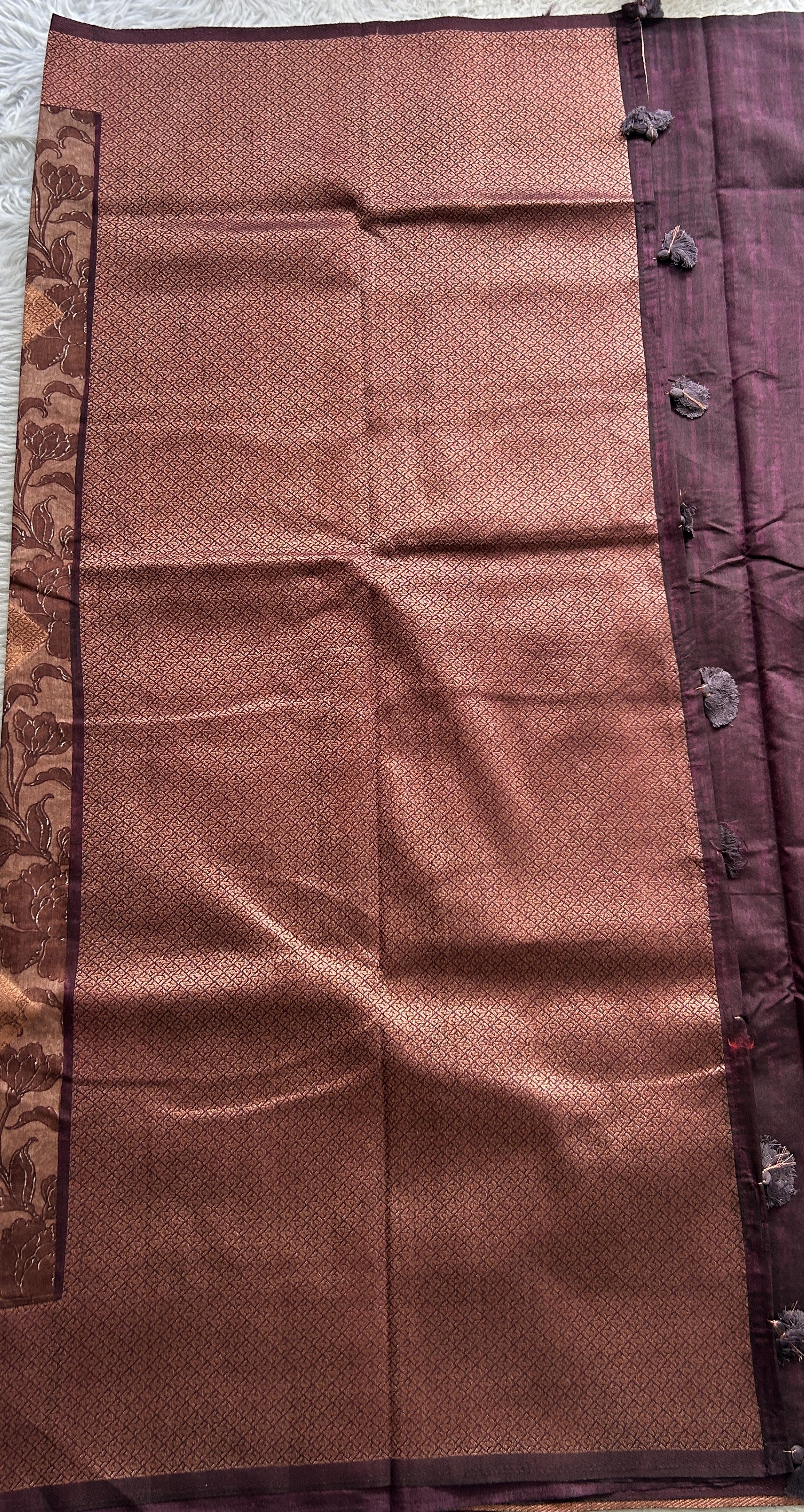 Maheshwari Chanderi Cotton Saree Chocolate Colored Complemented with a Zari Border. - Sampradaya Designer Studio