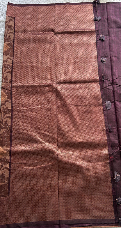 Maheshwari Chanderi Cotton Saree Chocolate Colored Complemented with a Zari Border. - Sampradaya Designer Studio