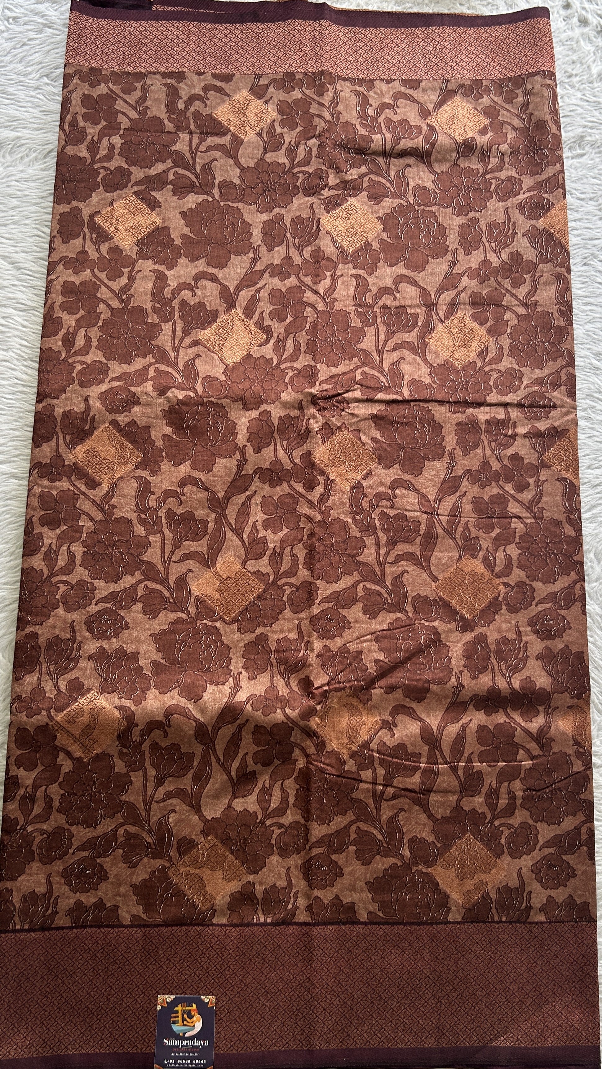 Maheshwari Chanderi Cotton Saree Chocolate Colored Complemented with a Zari Border. - Sampradaya Designer Studio