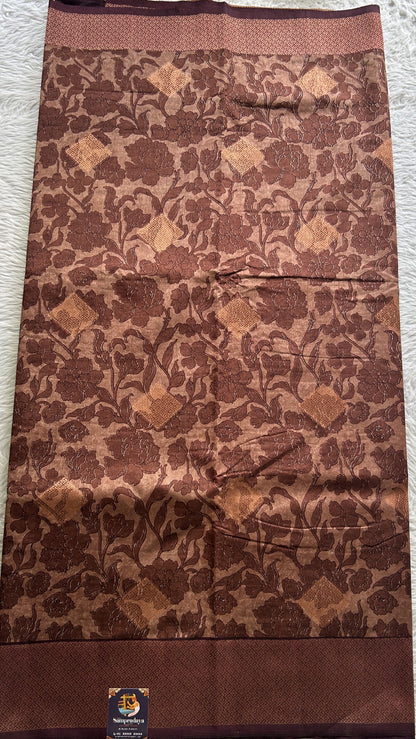 Maheshwari Chanderi Cotton Saree Chocolate Colored Complemented with a Zari Border. - Sampradaya Designer Studio