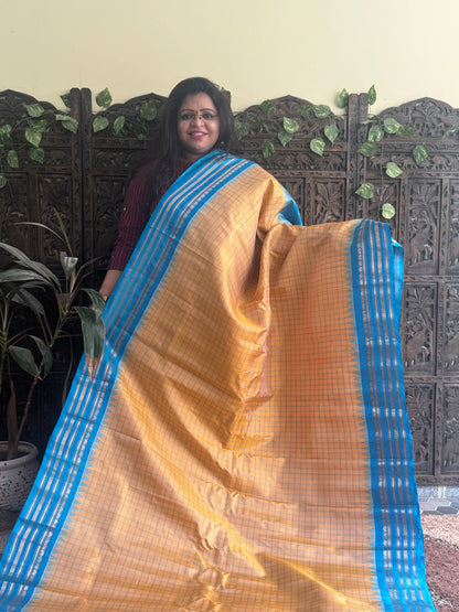 Gadwal Silk Saree Macaroon Colored Complemented With a Blue Zari Border