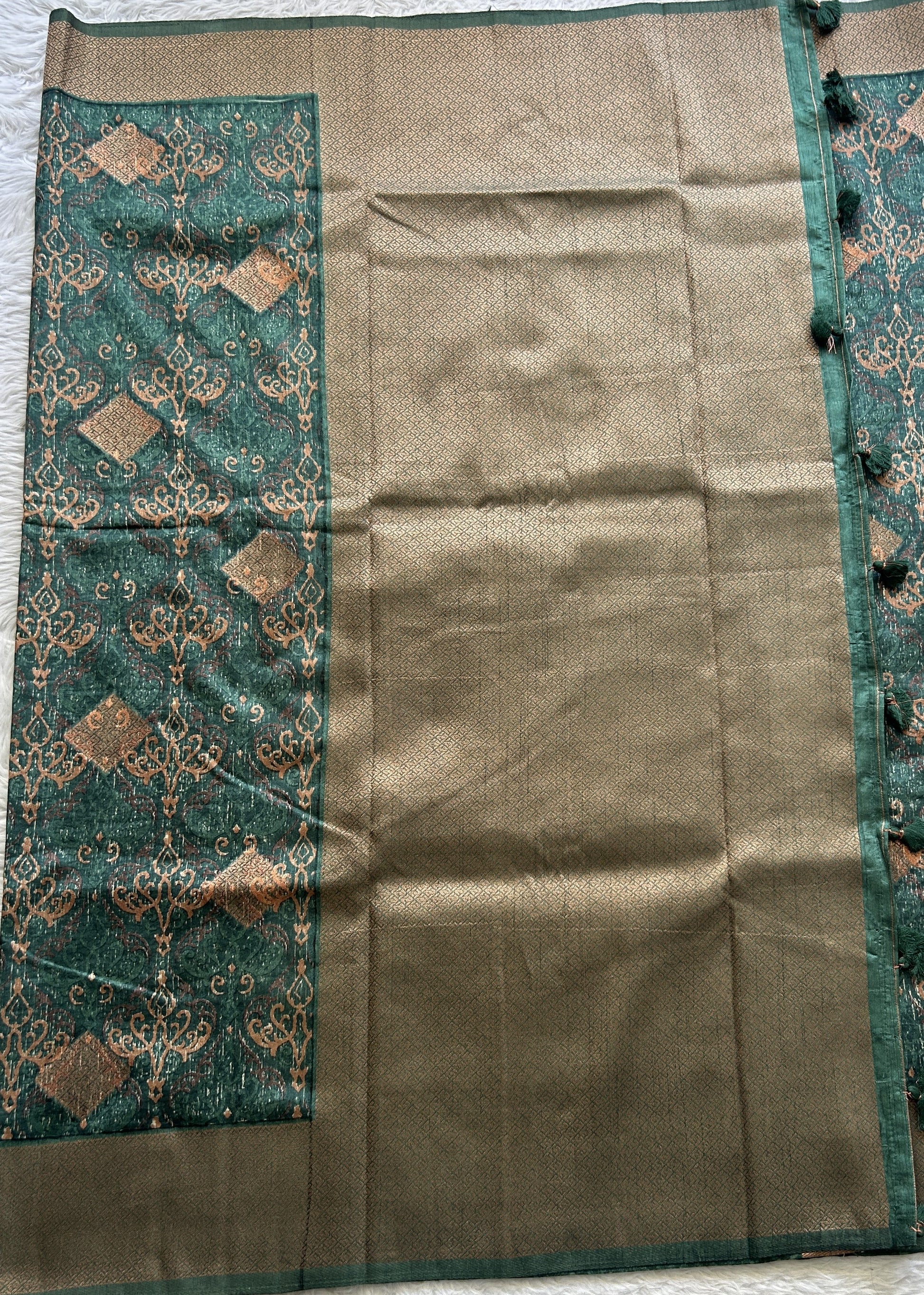 Maheshwari Chanderi Cotton Saree Bottle Green Colored Complemented with a Zari Border. - Sampradaya Designer Studio