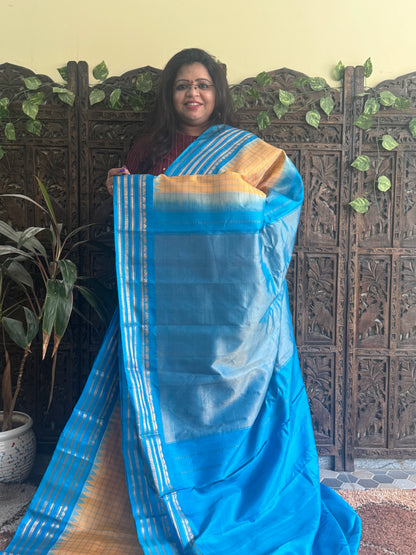 Gadwal Silk Saree Macaroon Colored Complemented With a Blue Zari Border