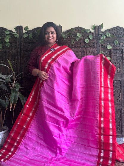 Gadwal Silk Saree Pink Colored Complemented With a Red Zari Border