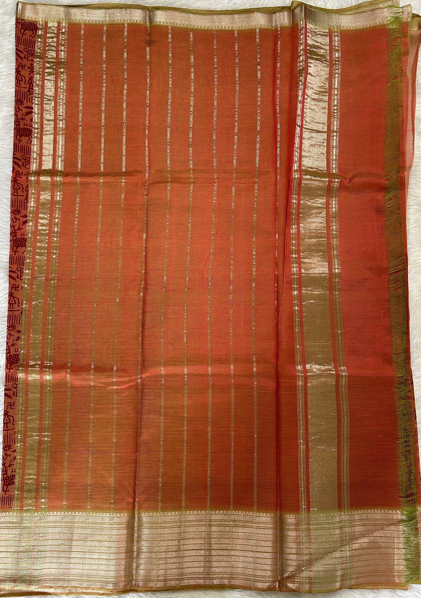 Mangalagiri Pattu Digital Print Saree Rustic Orange colored Saree complemented with a  Mangalagiri Border - Sampradaya Designer Studio