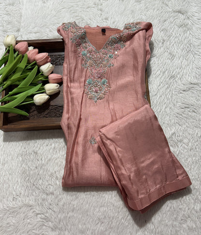 Cotton Silk Kurti Set Pink Colored With a Embroidery Work. - Sampradaya Designer Studio