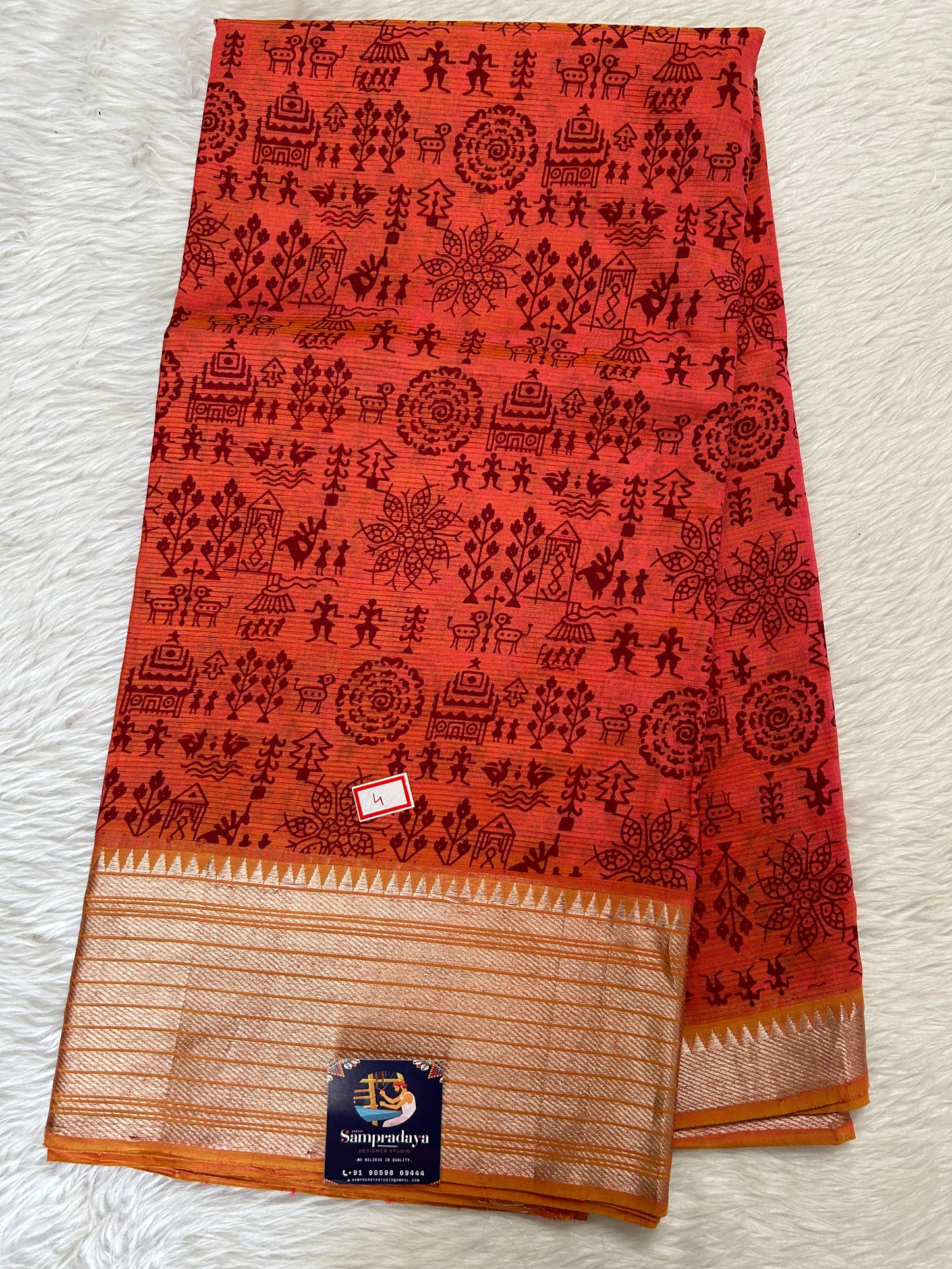 Mangalagiri Pattu Digital Print Saree Rustic Orange colored Saree complemented with a  Mangalagiri Border - Sampradaya Designer Studio