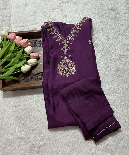 Cotton Silk Kurti Set Purple Colored With a Embroidery Work . - Sampradaya Designer Studio