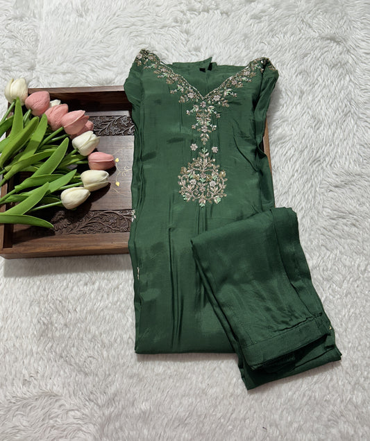 Cotton Silk Kurti Set Dark Green Colored With a Embroidery Work . - Sampradaya Designer Studio