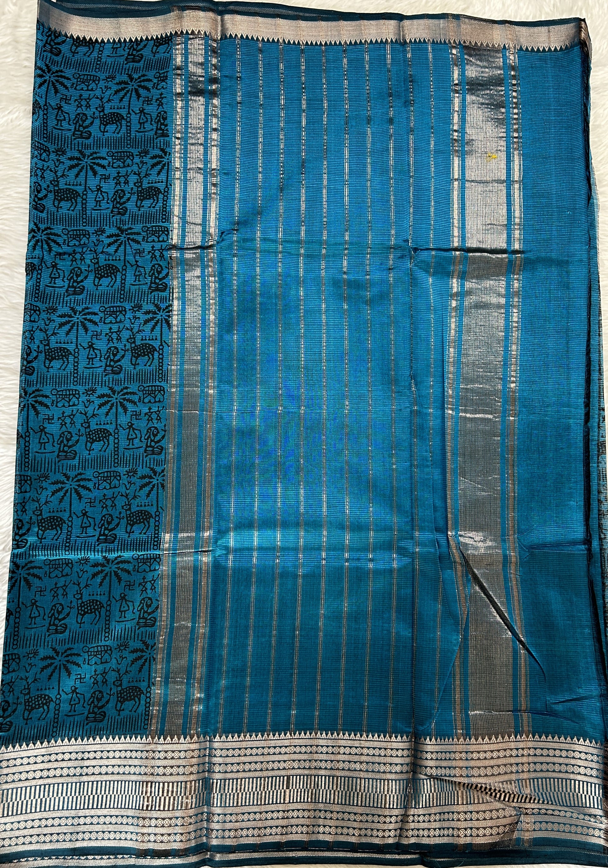 Mangalagiri Pattu Digital Print Saree Blue colored Saree complemented with a  Mangalagiri Border - Sampradaya Designer Studio