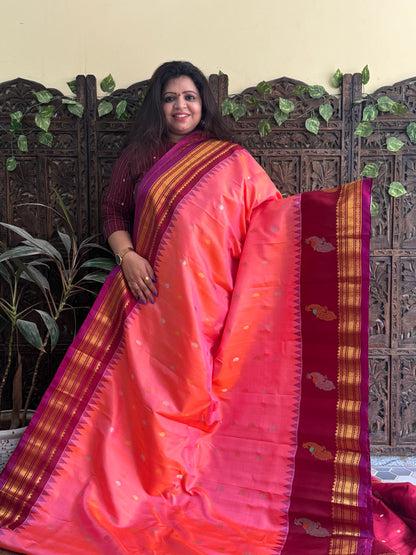 Gadwal Silk Saree Peach Colored Complemented With a Maroon Zari Border