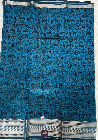 Mangalagiri Pattu Digital Print Saree Blue colored Saree complemented with a  Mangalagiri Border - Sampradaya Designer Studio