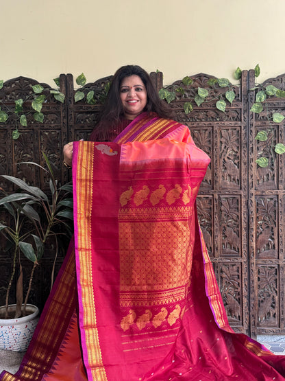 Gadwal Silk Saree Peach Colored Complemented With a Maroon Zari Border