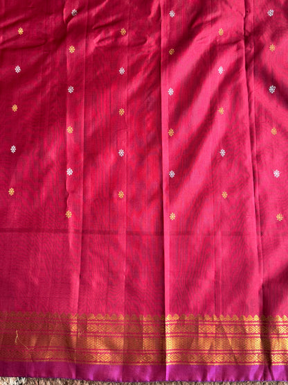 Gadwal Silk Saree Peach Colored Complemented With a Maroon Zari Border