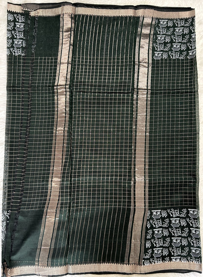 Mangalagiri Pattu Digital Print Saree Bottle Green colored Saree complemented with a  Mangalagiri Border - Sampradaya Designer Studio