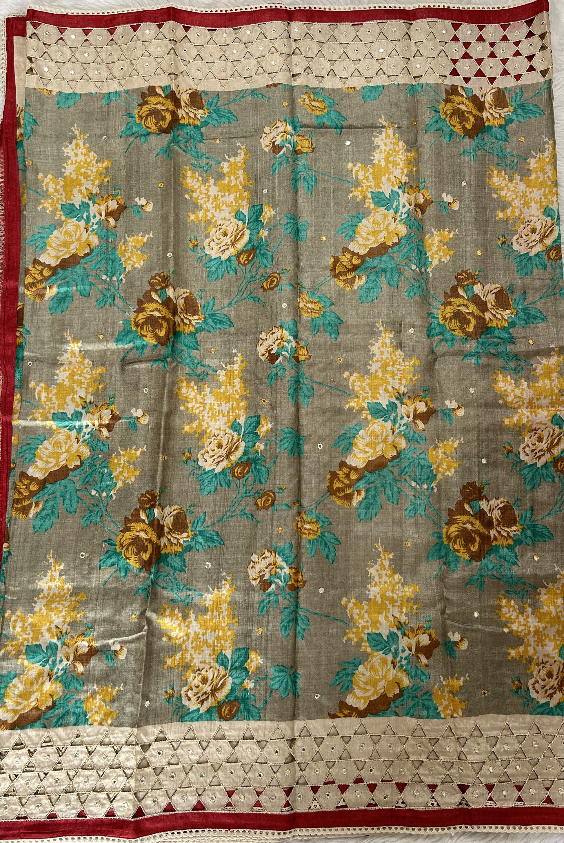 Tussar Silk Saree Dark Olive Green colored Saree complemented with a Cream Colored Cutwork border. - Sampradaya Designer Studio