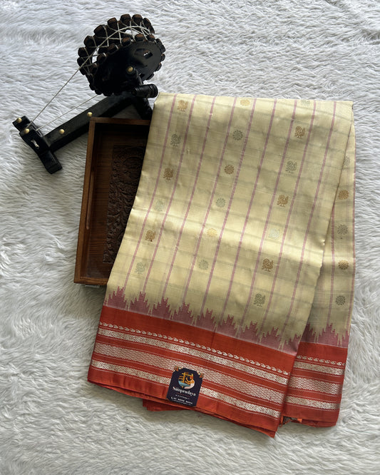 Gadwal Pattu Saree Cream Colored Complemented With a Zari Border - Sampradaya Designer Studio