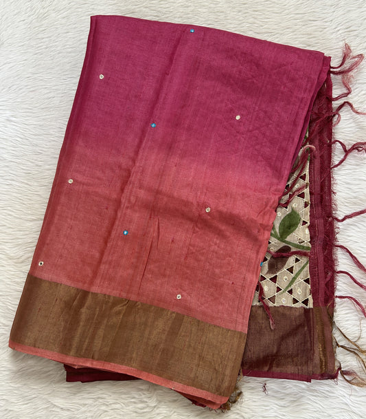 Tussar Silk Saree Onion Pink colored complemented with a Rosewood Colored Zari border. - Sampradaya Designer Studio