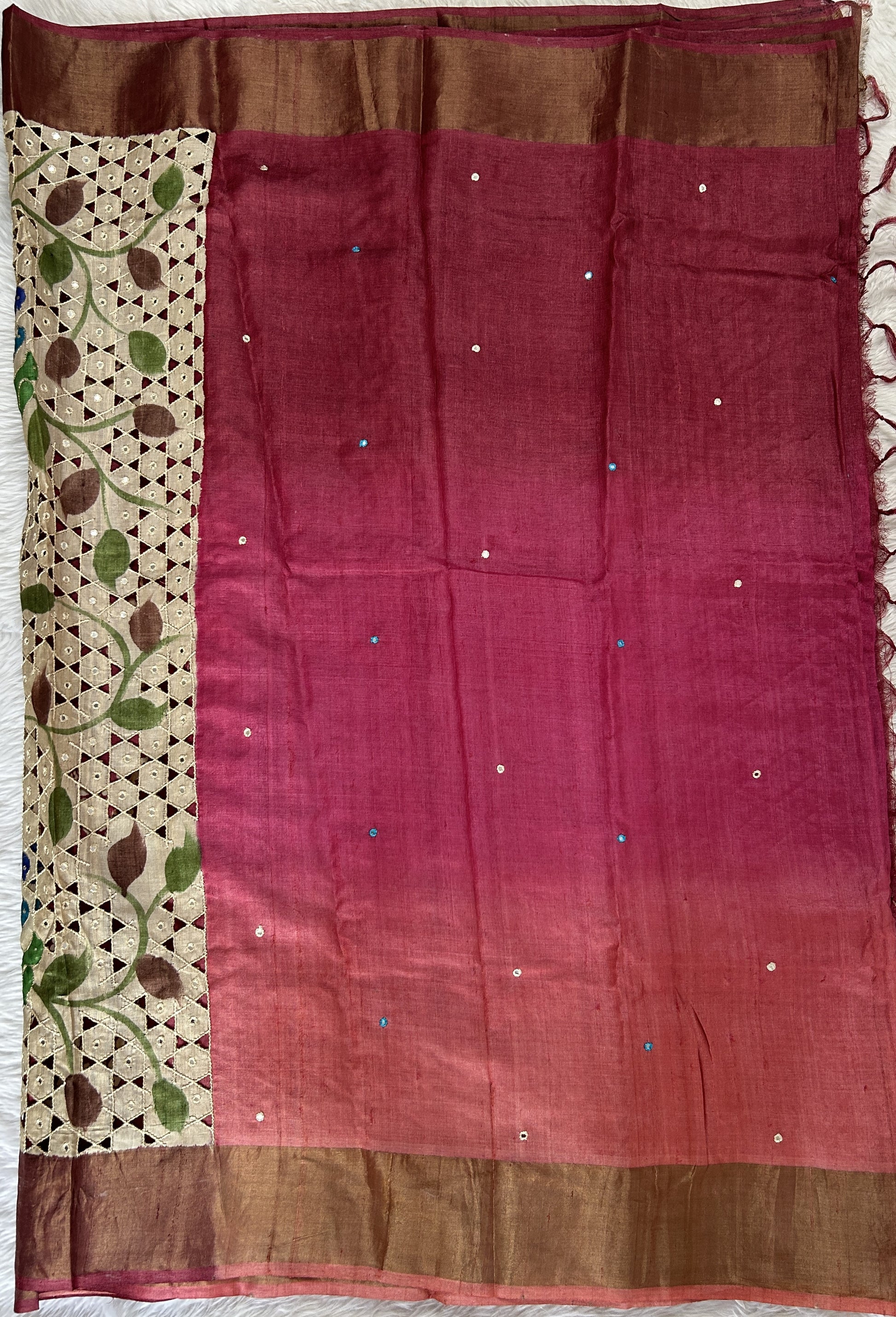 Tussar Silk Saree Onion Pink colored complemented with a Rosewood Colored Zari border. - Sampradaya Designer Studio