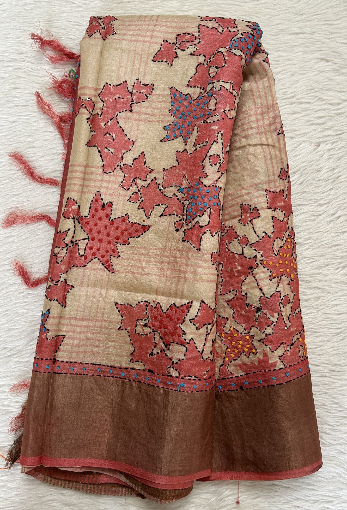 Tussar Silk Saree Cream colored complemented with a Peach Colored Zari border. - Sampradaya Designer Studio