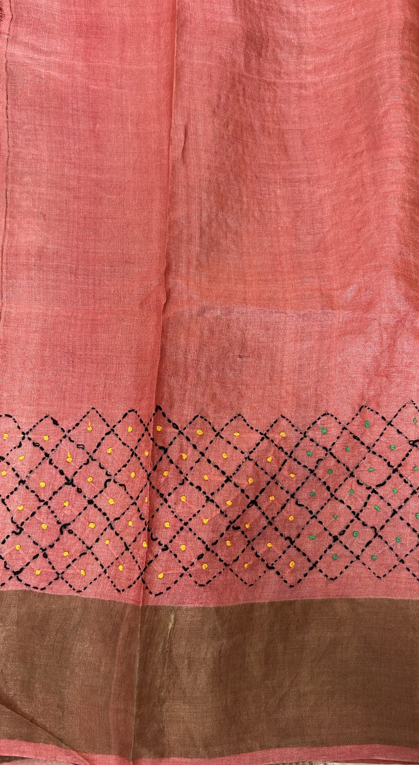 Tussar Silk Saree Cream colored complemented with a Peach Colored Zari border. - Sampradaya Designer Studio