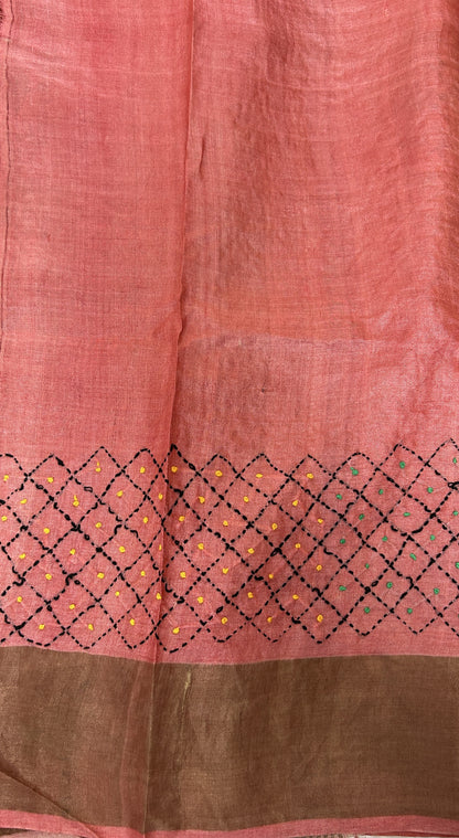 Tussar Silk Saree Cream colored complemented with a Peach Colored Zari border. - Sampradaya Designer Studio