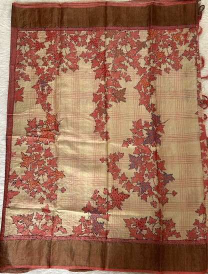 Tussar Silk Saree Cream colored complemented with a Peach Colored Zari border. - Sampradaya Designer Studio