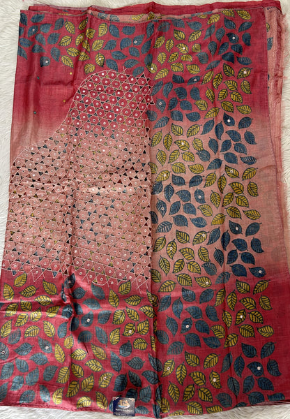 Tussar Silk Saree Light Pink colored complemented with a borderless Saree. - Sampradaya Designer Studio