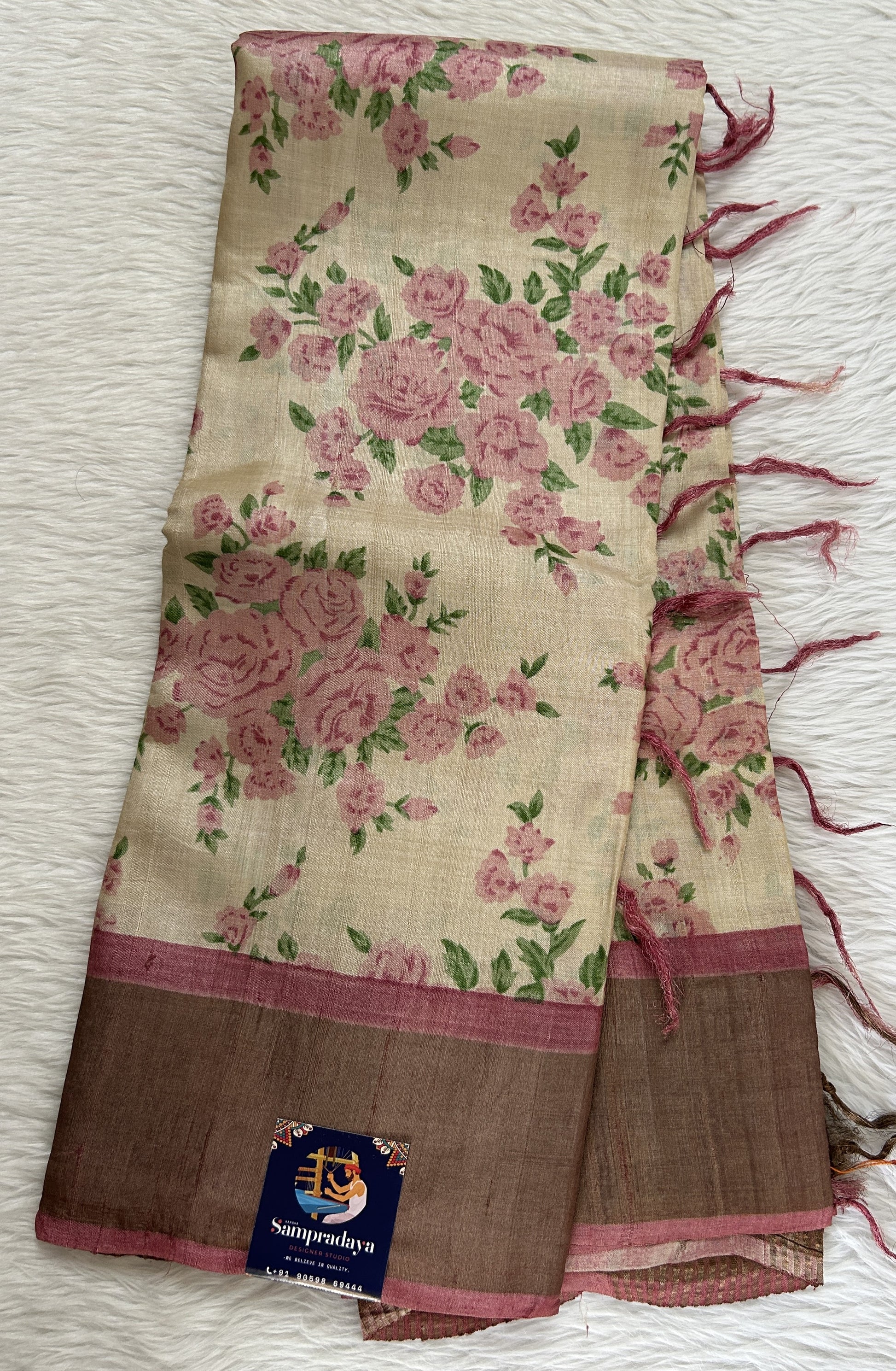 Tussar Silk Saree Cream colored complemented with a Onion Pink Color Plain border. - Sampradaya Designer Studio