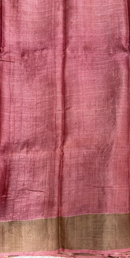 Tussar Silk Saree Cream colored complemented with a Onion Pink Color Plain border. - Sampradaya Designer Studio