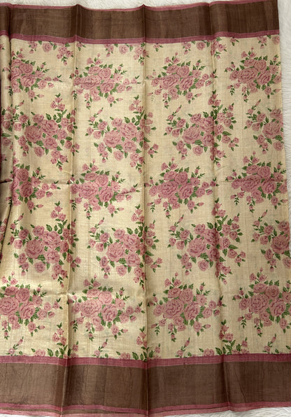 Tussar Silk Saree Cream colored complemented with a Onion Pink Color Plain border. - Sampradaya Designer Studio