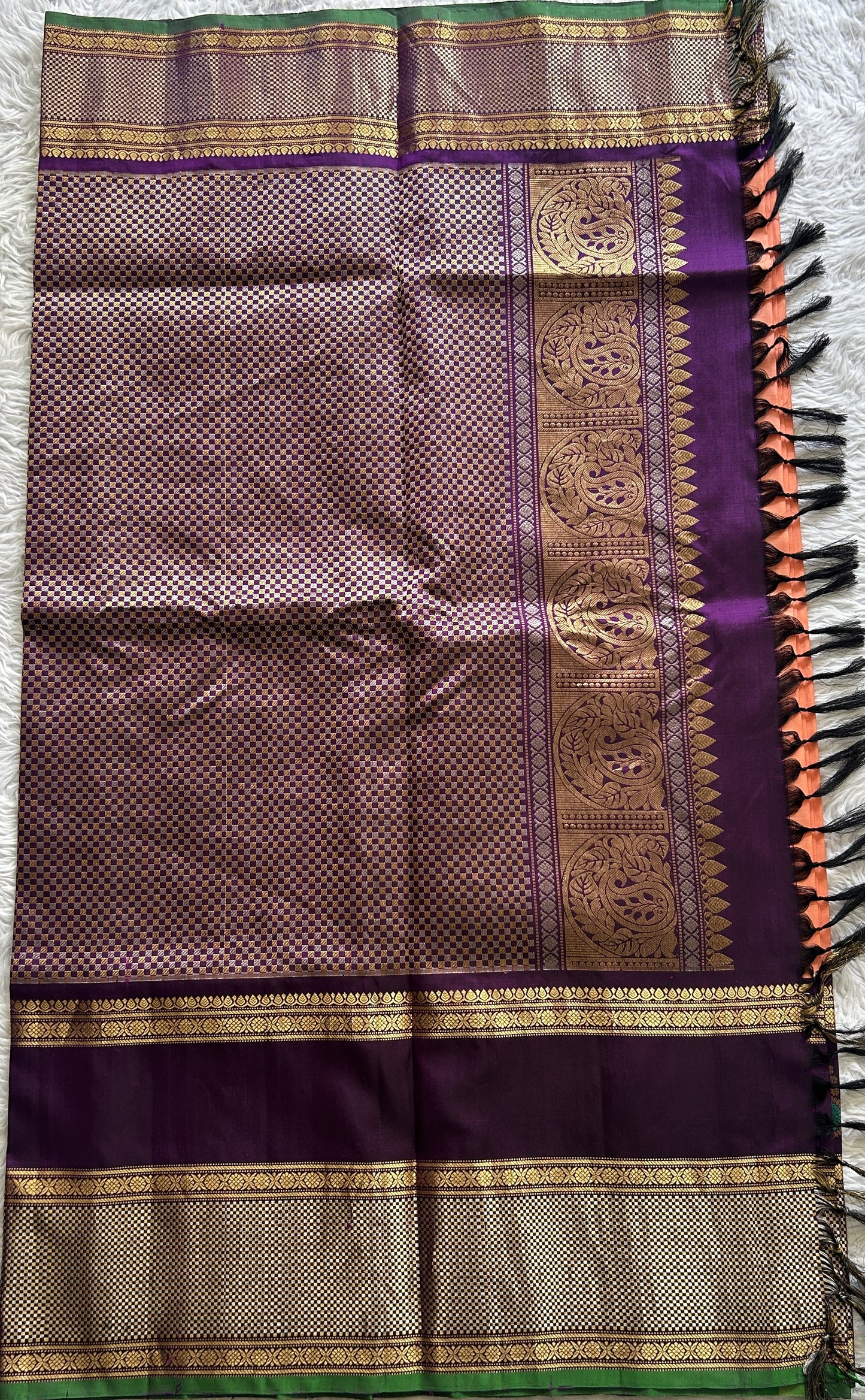 Gadwal Pattu Saree Peach Colored Complemented With a Purple Color Zari Border - Sampradaya Designer Studio