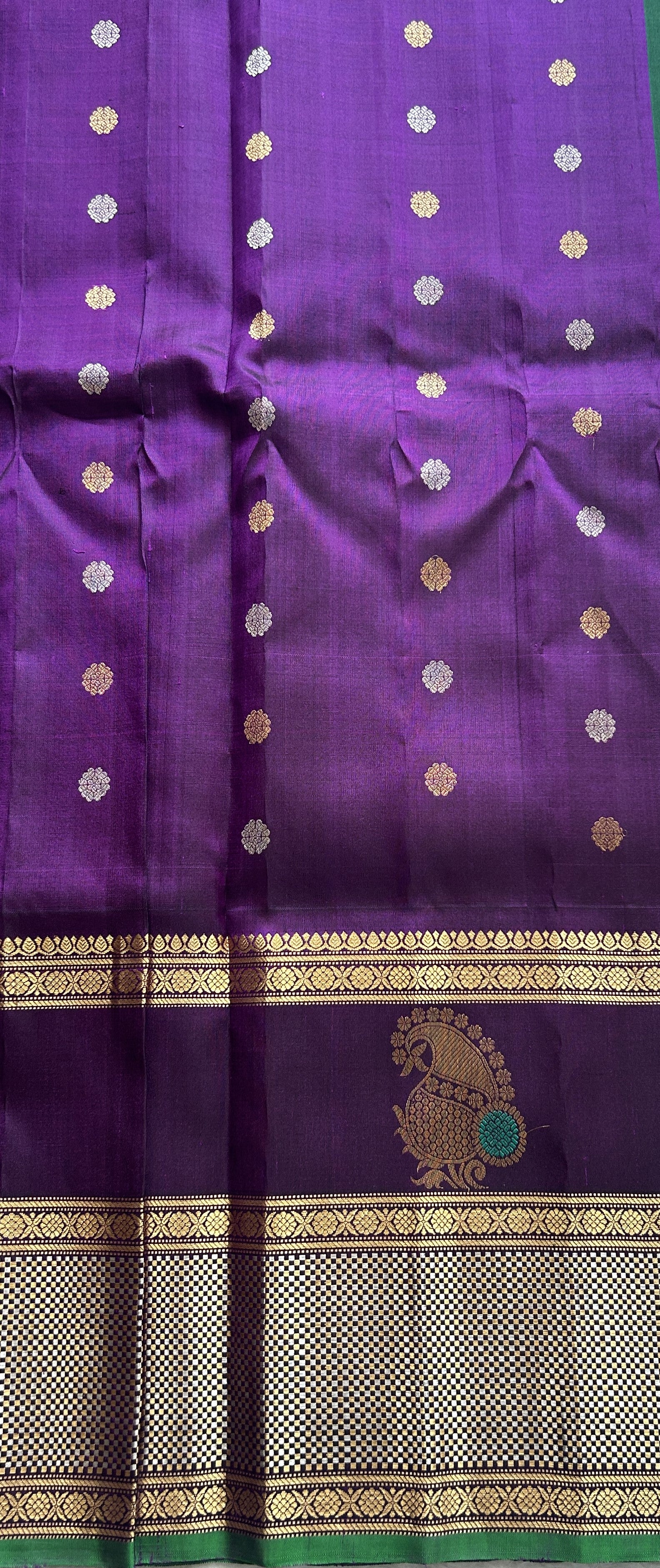 Gadwal Pattu Saree Peach Colored Complemented With a Purple Color Zari Border - Sampradaya Designer Studio