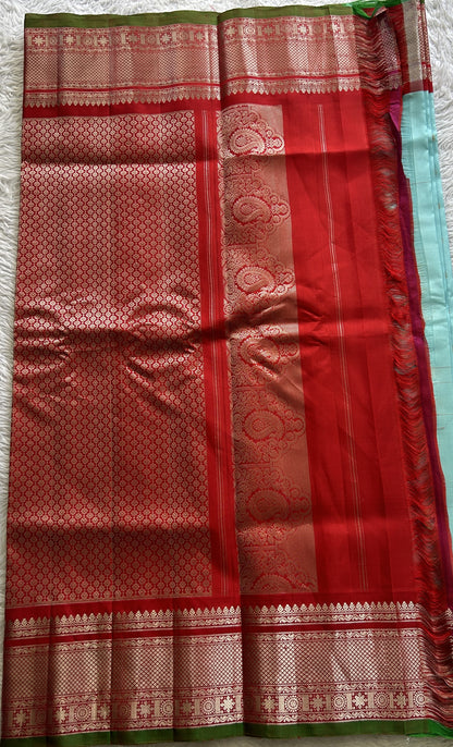 Gadwal Pattu Saree Sea Blue Colored Complemented With a Red Color Zari Border - Sampradaya Designer Studio