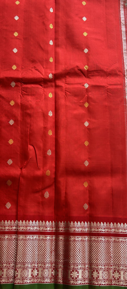 Gadwal Pattu Saree Sea Blue Colored Complemented With a Red Color Zari Border - Sampradaya Designer Studio