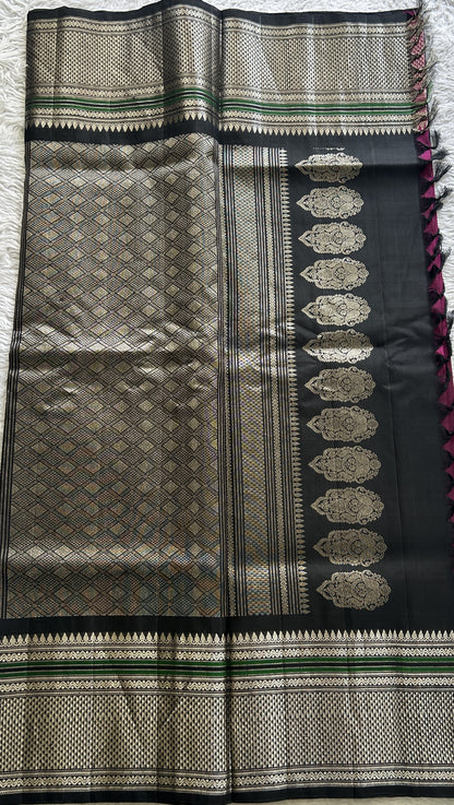 Gadwal Pattu Saree Dark Pink Colored Complemented With a Black Color Zari Border - Sampradaya Designer Studio