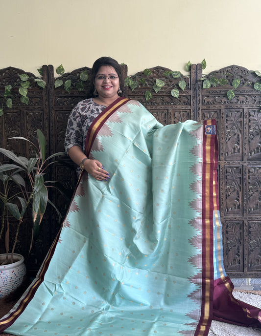 Gadwal Silk Saree Sea Green Colored Complemented With a Brown Zari Border