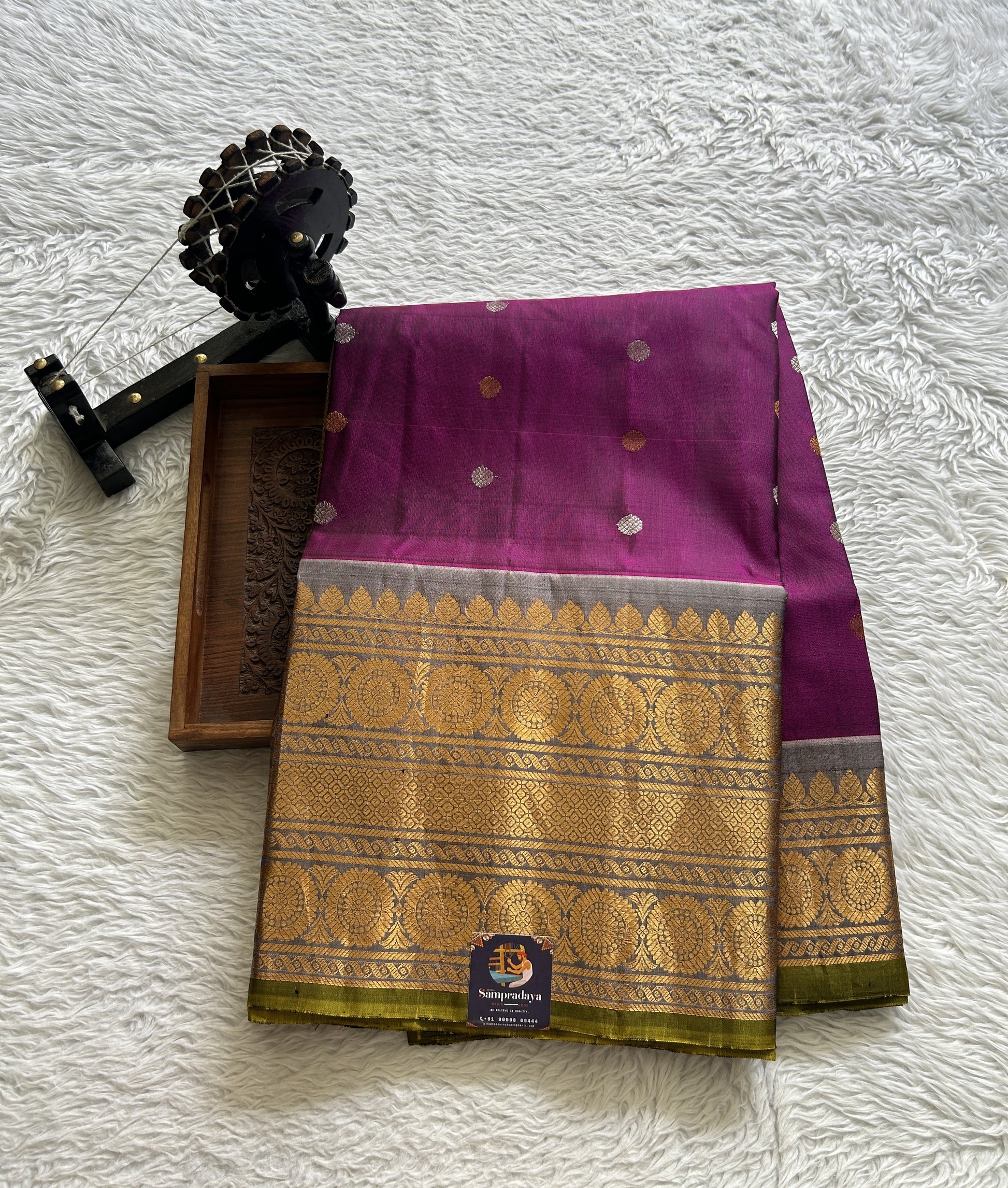 Gadwal Pattu Saree Purple Colored Complemented With a Gray Zari Border - Sampradaya Designer Studio