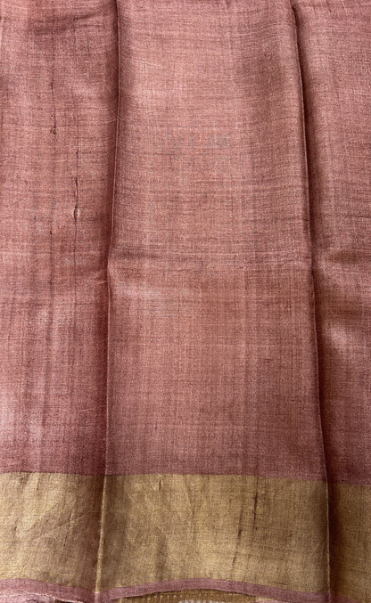 Tussar Silk Saree Gray colored Saree complemented with a Tissue Pink Colored Zari border. - Sampradaya Designer Studio