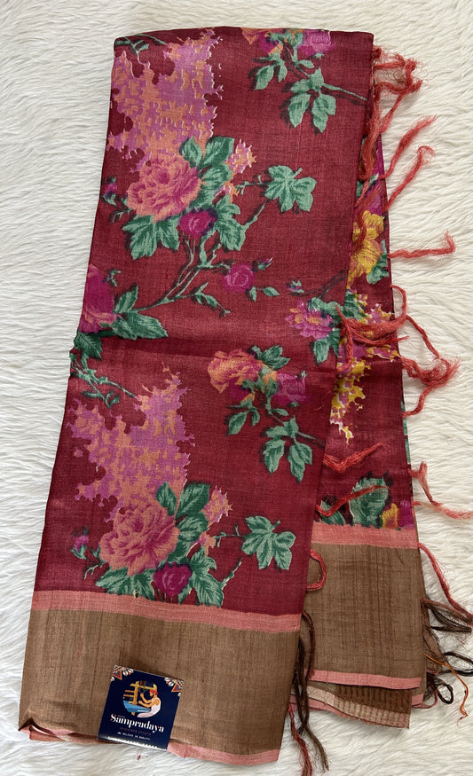 Tussar Silk Saree Rosewood colored Saree complemented with a Pink Colored Zari border. - Sampradaya Designer Studio