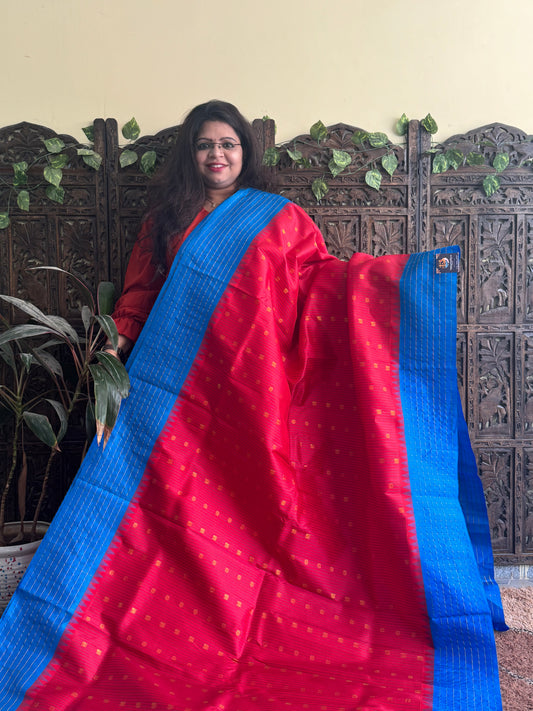 Gadwal Pattu Saree Red colored saree complemented with a Blue Checks border