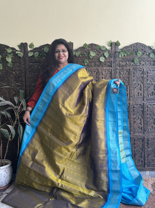 Gadwal Pattu Saree Soft Olive colored saree complemented with a Sky Blue Zari border