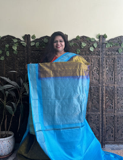 Gadwal Pattu Saree Soft Olive colored saree complemented with a Sky Blue Zari border