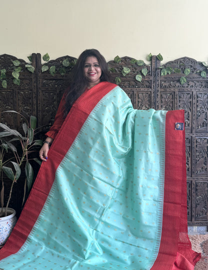 Gadwal Pattu Saree Sea Green colored saree complemented with a Red Checks border