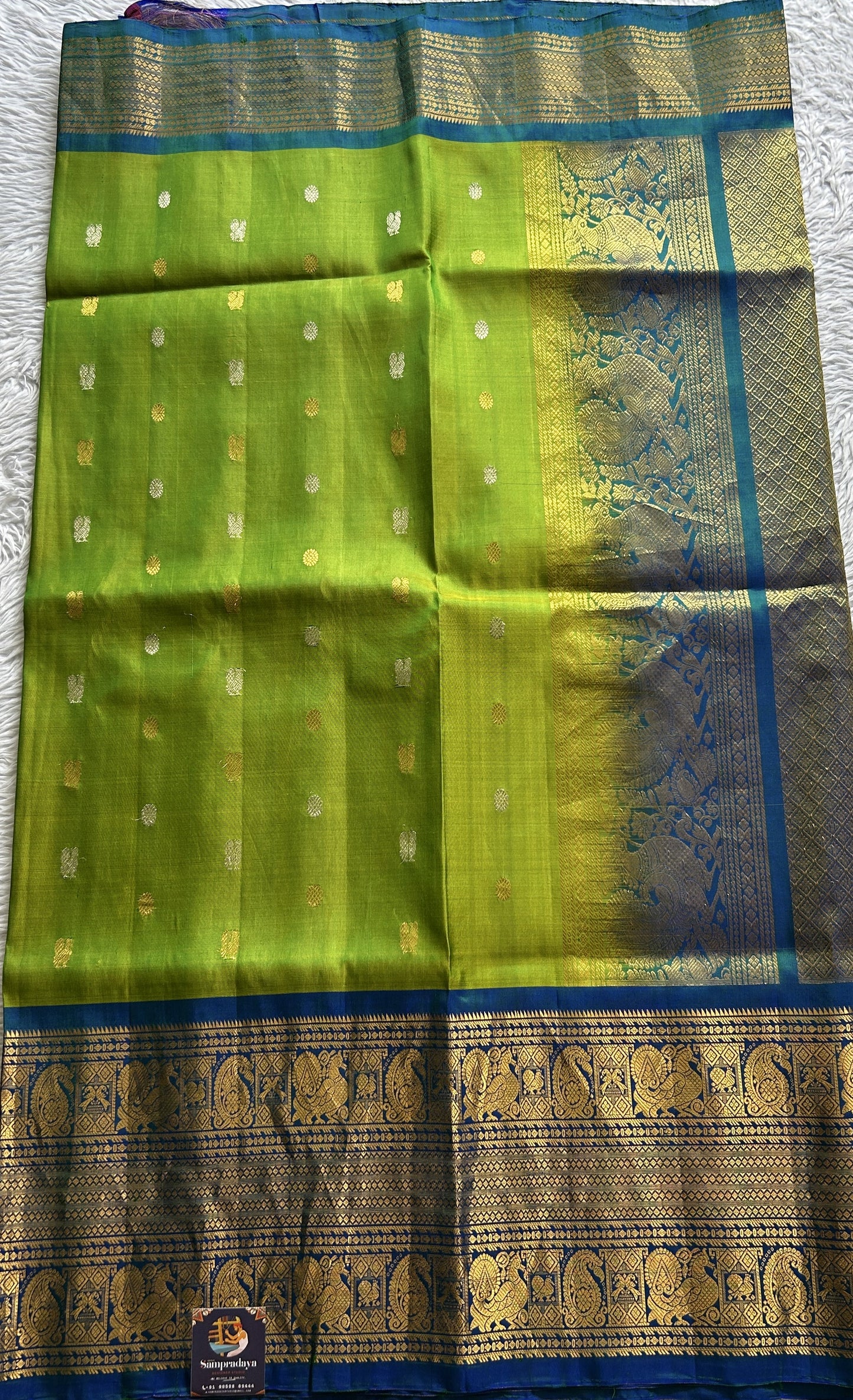 Gadwal Pattu Saree Parrot Green Colored Complemented With a Blue Color Zari Border - Sampradaya Designer Studio