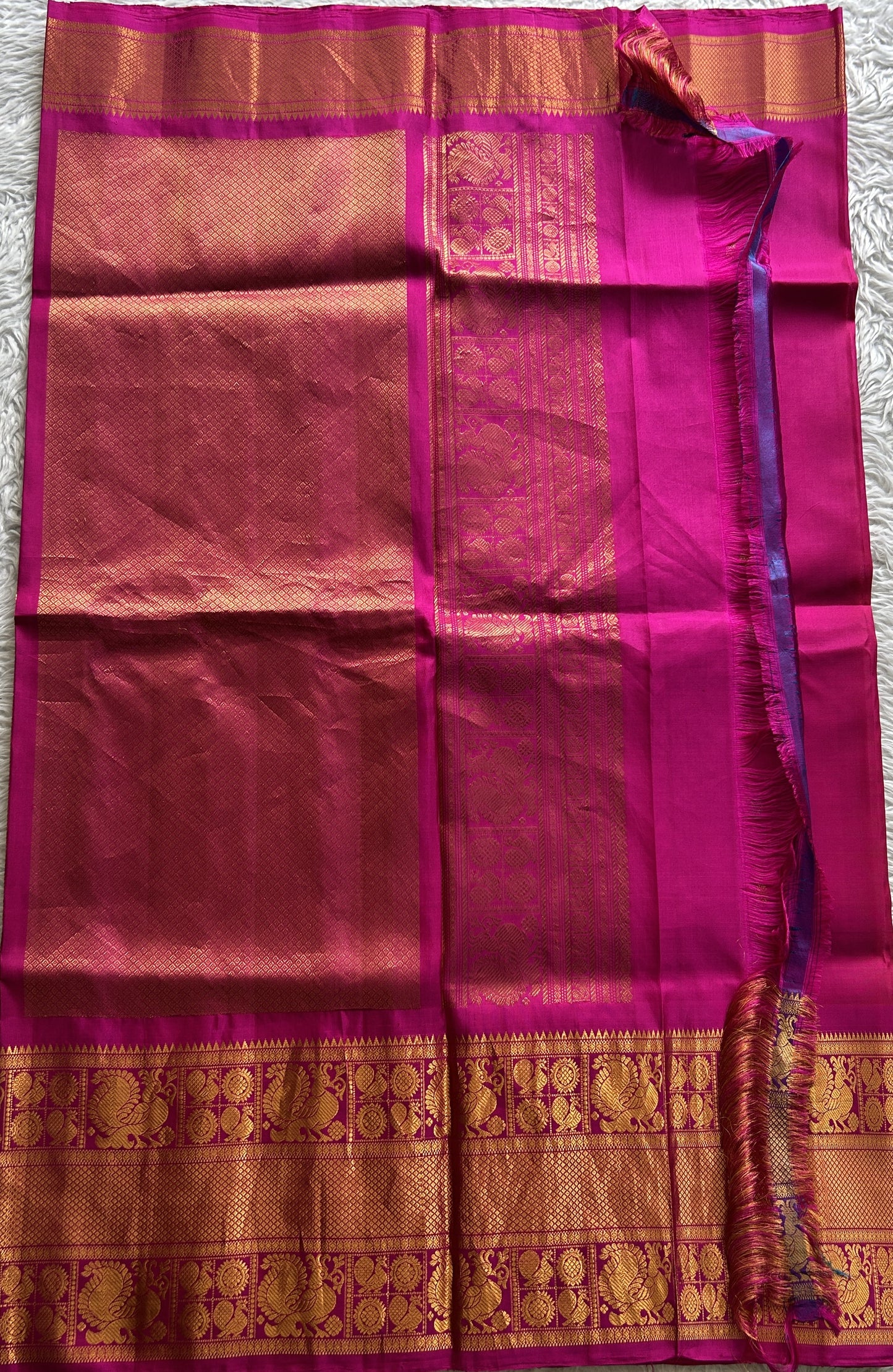 Gadwal Pattu Saree Dark Peach Colored Complemented With a Pink Color Zari Border - Sampradaya Designer Studio