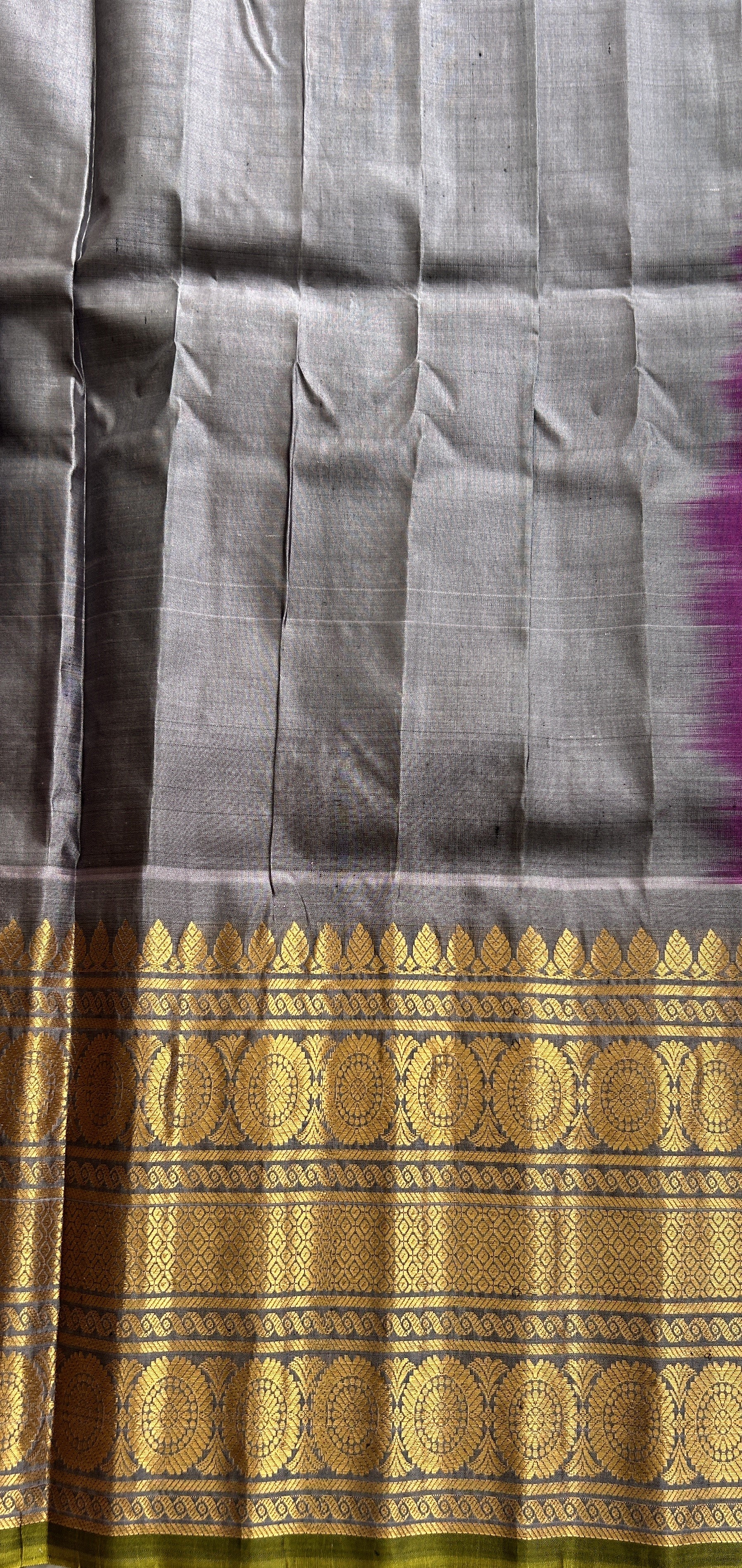 Gadwal Pattu Saree Purple Colored Complemented With a Gray Zari Border - Sampradaya Designer Studio