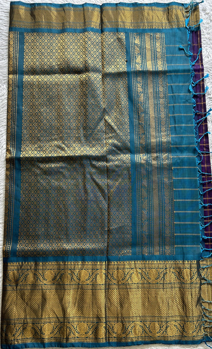 Gadwal Pattu Saree Violet Colored Complemented With a Turquoise Blue Zari Border - Sampradaya Designer Studio